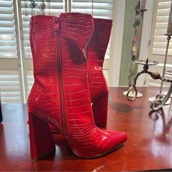 EGO Global Flare Heel Ankle Boots in Red Croc Size 8 - UK 6 - Picture 2 of 10